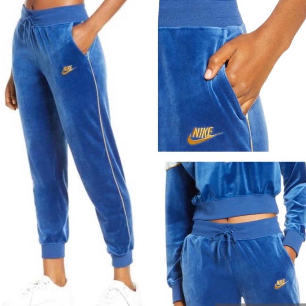 Nike Heritage Velour stripe joggers royal blue and gold womens size XL NWT